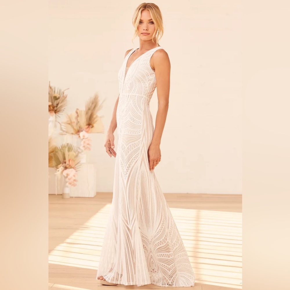 Lulus Splendorous Love White and Beige Sequin Trumpet Hem Maxi Dress